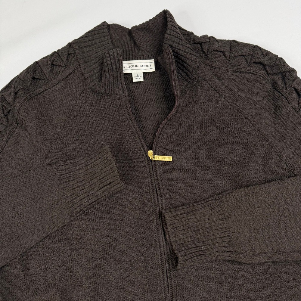 St. John Sport Full Zip Cardigan Women Small Brown Wool Blend Braided Shoulder